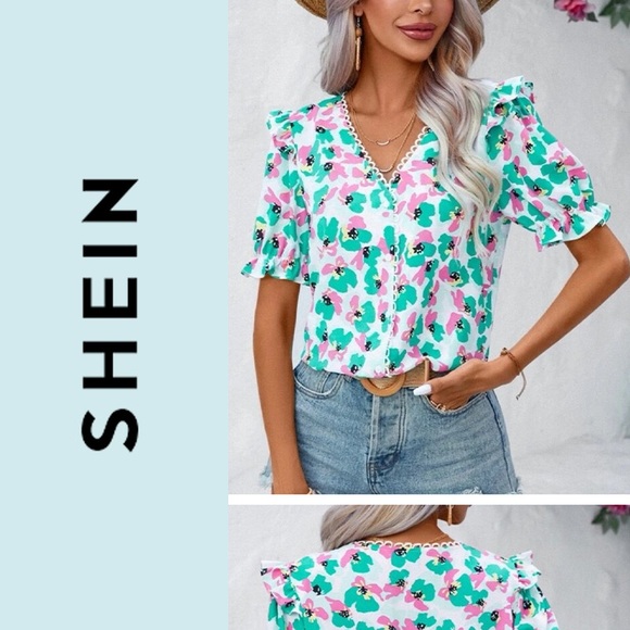 SHEIN Tops - SHEIN Floral Print Lace Ruffle Trim Puff Sleeve Blouse Medium Pink Green White